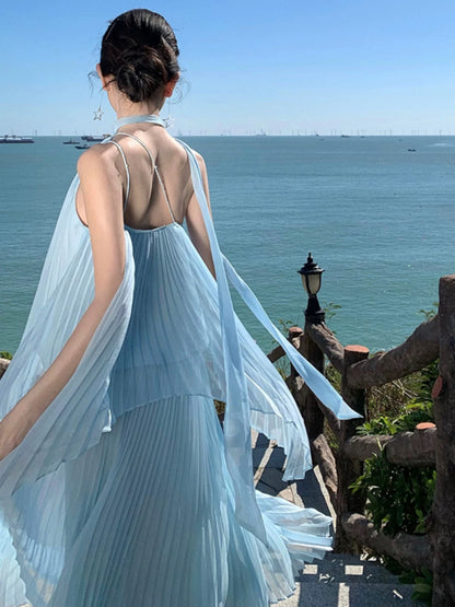 Einfache Abschlussballkleider A-Linie Blau Chiffon Abendkleid Formell mit plissiertem Abendkleid N4003