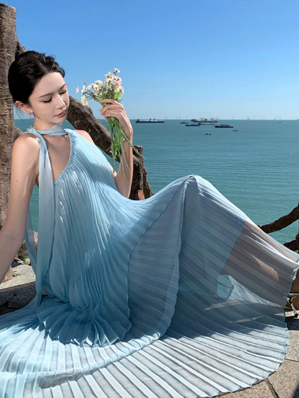 Einfache Abschlussballkleider A-Linie Blau Chiffon Abendkleid Formell mit plissiertem Abendkleid N4003