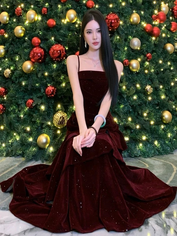Simple Mermaid Spaghetti Strap 21st Birthday Elegant Outfit Burgundy Velvet Prom Wedding Guest Dresses N4004