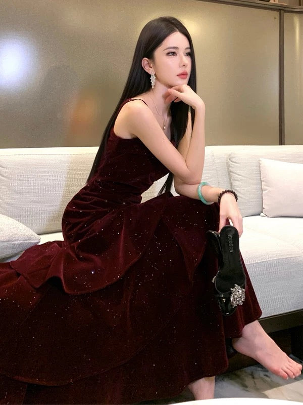 Simple Mermaid Spaghetti Strap 21st Birthday Elegant Outfit Burgundy Velvet Prom Wedding Guest Dresses N4004