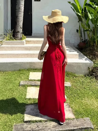 Robes de Bal Simples Robe de Soirée Formelle en Chiffon Rouge à Bretelles Fines et Ligne A avec Plis N4005