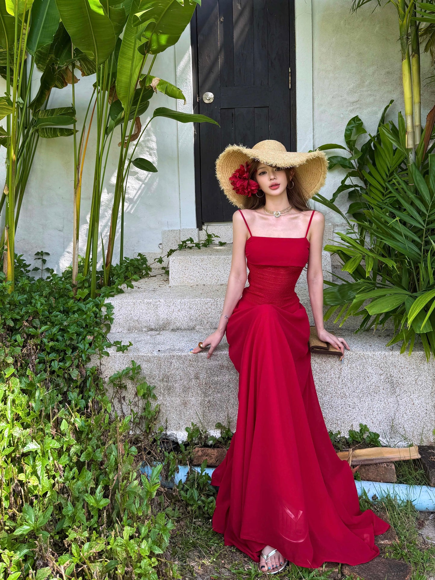 Robes de Bal Simples Robe de Soirée Formelle en Chiffon Rouge à Bretelles Fines et Ligne A avec Plis N4005