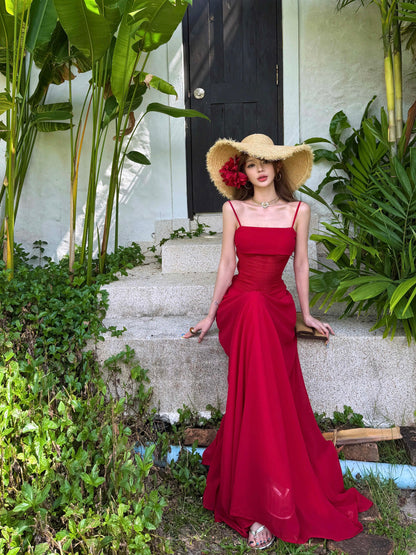 Robes de Bal Simples Robe de Soirée Formelle en Chiffon Rouge à Bretelles Fines et Ligne A avec Plis N4005