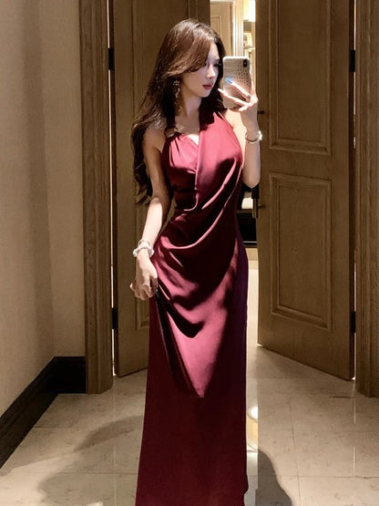Bescheidene Meerjungfrau Neckholder Burgund 21. Geburtstag Elegantes Outfit Sommer Formelle Hochzeitsgast Kleider N4006