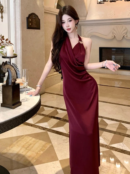 Bescheidene Meerjungfrau Neckholder Burgund 21. Geburtstag Elegantes Outfit Sommer Formelle Hochzeitsgast Kleider N4006