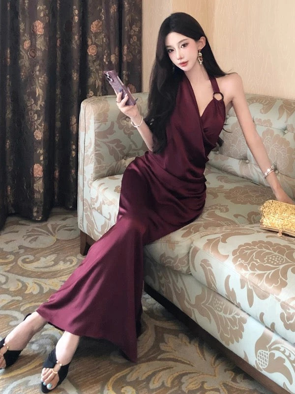 Bescheidene Meerjungfrau Neckholder Burgund 21. Geburtstag Elegantes Outfit Sommer Formelle Hochzeitsgast Kleider N4006