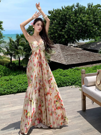 Robe de Soirée Élégante et Formelle N4007 pour 21ème Anniversaire, Invitée de Mariage, Col Halter, Coupe Trapèze Modeste, Imprimé Floral, Dos Nu