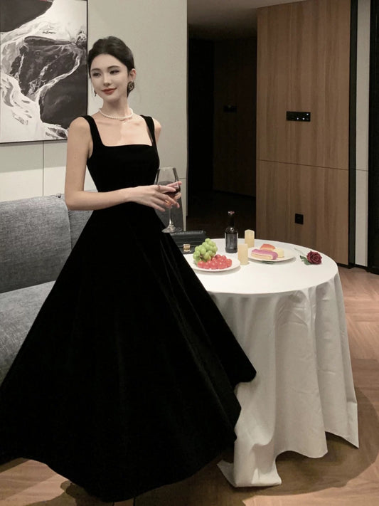 Modest A line Square Neck Black Velvet 21st Birthday Elegant Outfit Formal Wedding Guest Dresses N4010