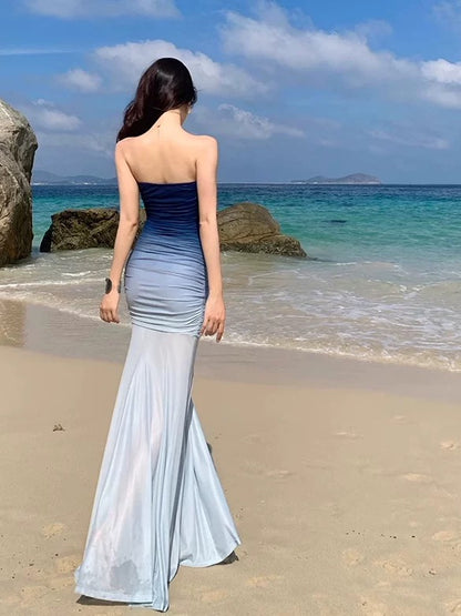 Robes de bal simples Sirène Cœur dégradé bleu Mousseline Robe de soirée Robe de cérémonie N4012