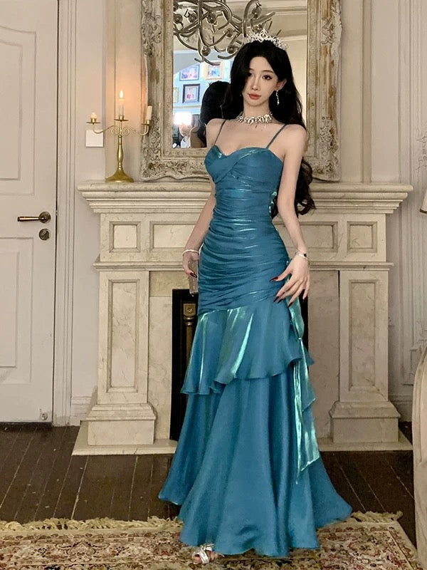 Robe de soirée longue élégante sirène simple à fines bretelles pour 21e anniversaire, idéale comme robe de bal ou pour invitée de mariage, bleue N4013