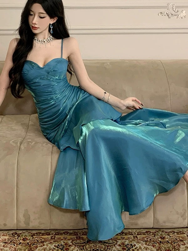 Robe de soirée longue élégante sirène simple à fines bretelles pour 21e anniversaire, idéale comme robe de bal ou pour invitée de mariage, bleue N4013
