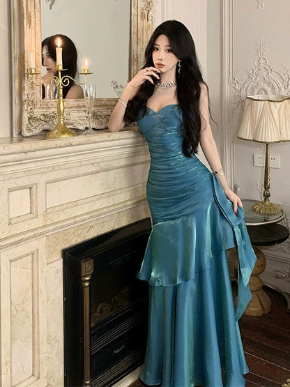 Robe de soirée longue élégante sirène simple à fines bretelles pour 21e anniversaire, idéale comme robe de bal ou pour invitée de mariage, bleue N4013