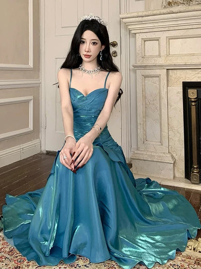 Robe de soirée longue élégante sirène simple à fines bretelles pour 21e anniversaire, idéale comme robe de bal ou pour invitée de mariage, bleue N4013