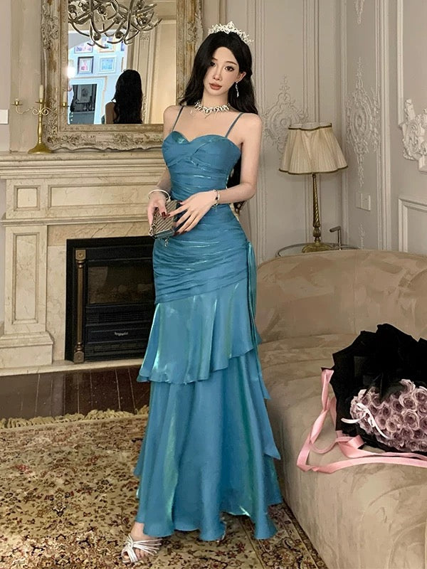 Robe de soirée longue élégante sirène simple à fines bretelles pour 21e anniversaire, idéale comme robe de bal ou pour invitée de mariage, bleue N4013