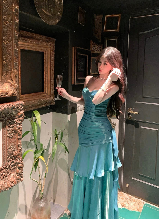 Robe de soirée longue élégante sirène simple à fines bretelles pour 21e anniversaire, idéale comme robe de bal ou pour invitée de mariage, bleue N4013