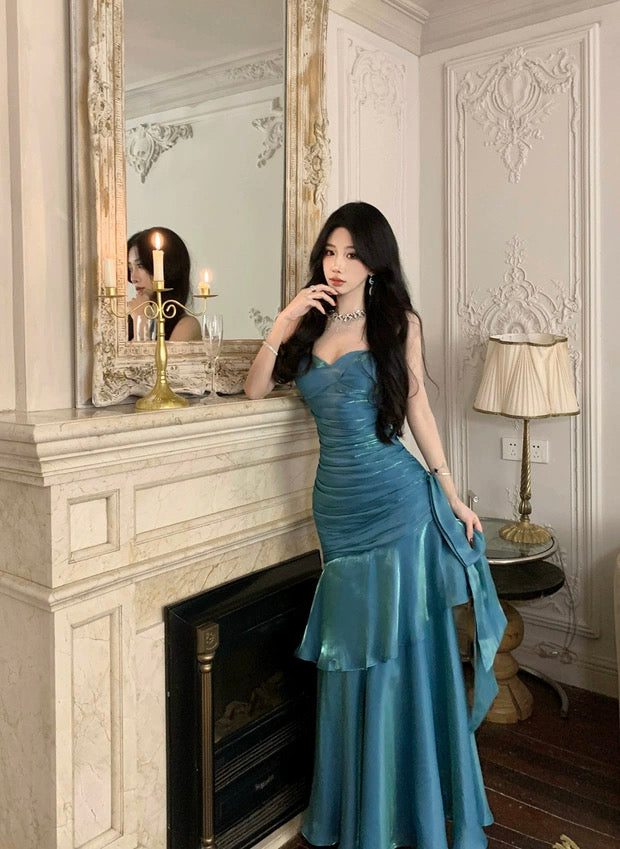 Robe de soirée longue élégante sirène simple à fines bretelles pour 21e anniversaire, idéale comme robe de bal ou pour invitée de mariage, bleue N4013