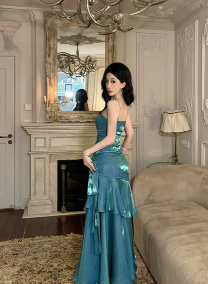 Charmantes Meerjungfrau-Spaghettiträger-Kleid für den 21. Geburtstag Elegantes Abendkleid Langes Ballkleid Hochzeitsgastkleid N4027