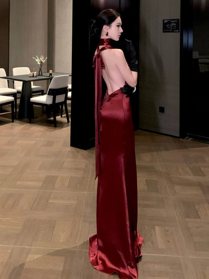Robes de bal à paillettes Sirène Halter Bordeaux Col V Profond Robe de soirée sans Dos Robe de Soirée Formelle N4016