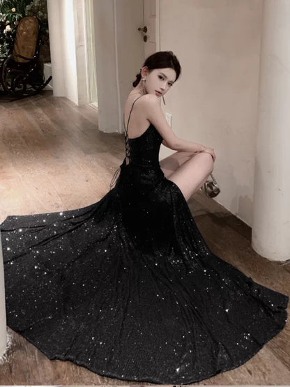 Robe élégante de 18e anniversaire à paillettes, bretelles spaghetti, dos nu, fente, ligne A, scintillante pour invitée de mariage N4017