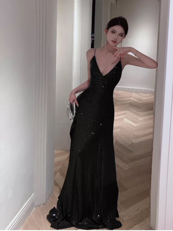 Robe élégante de 18e anniversaire à paillettes, bretelles spaghetti, dos nu, fente, ligne A, scintillante pour invitée de mariage N4017