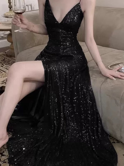 Robe élégante de 18e anniversaire à paillettes, bretelles spaghetti, dos nu, fente, ligne A, scintillante pour invitée de mariage N4017