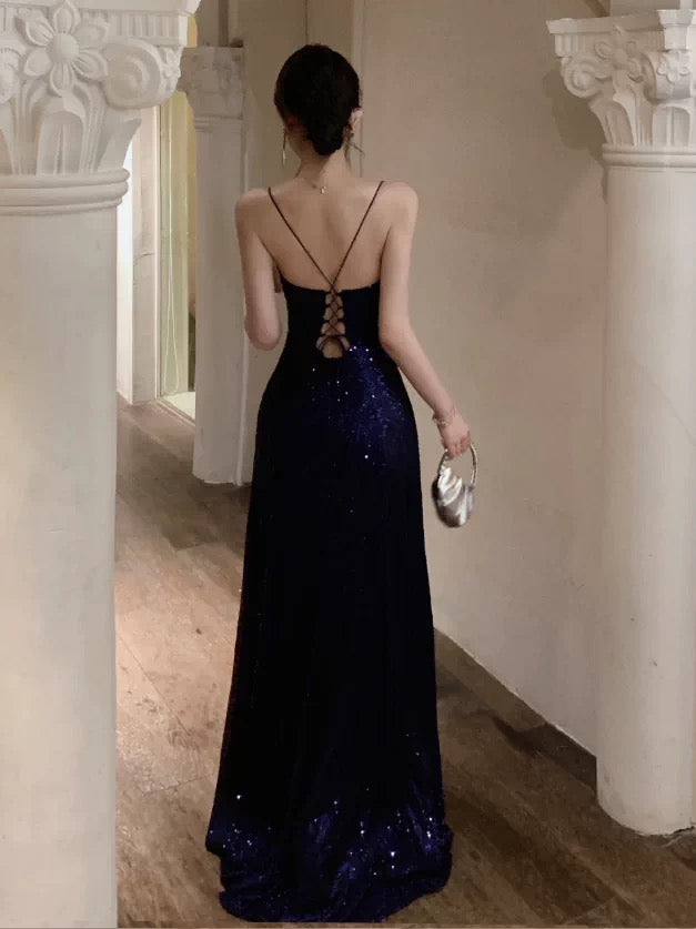 Robe élégante de 18e anniversaire à paillettes, bretelles spaghetti, dos nu, fente, ligne A, scintillante pour invitée de mariage N4017