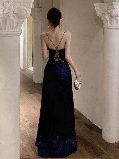 Robe élégante de 18e anniversaire à paillettes, bretelles spaghetti, dos nu, fente, ligne A, scintillante pour invitée de mariage N4017
