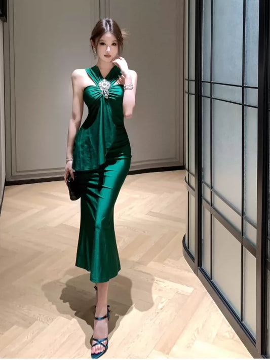Mermaid Halter Dark Emerald Green 21st Birthday Elegant Outfit Tea Length Wedding Guest Dresses N4018