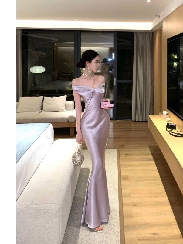 Robes de soirée sirène simples, en satin lilas, sans bretelles, robe de soirée formelle N4018