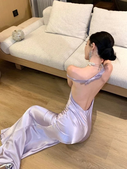 Robes de soirée sirène simples, en satin lilas, sans bretelles, robe de soirée formelle N4018