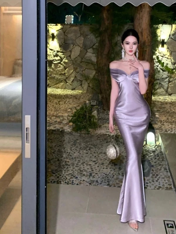 Robes de soirée sirène simples, en satin lilas, sans bretelles, robe de soirée formelle N4018