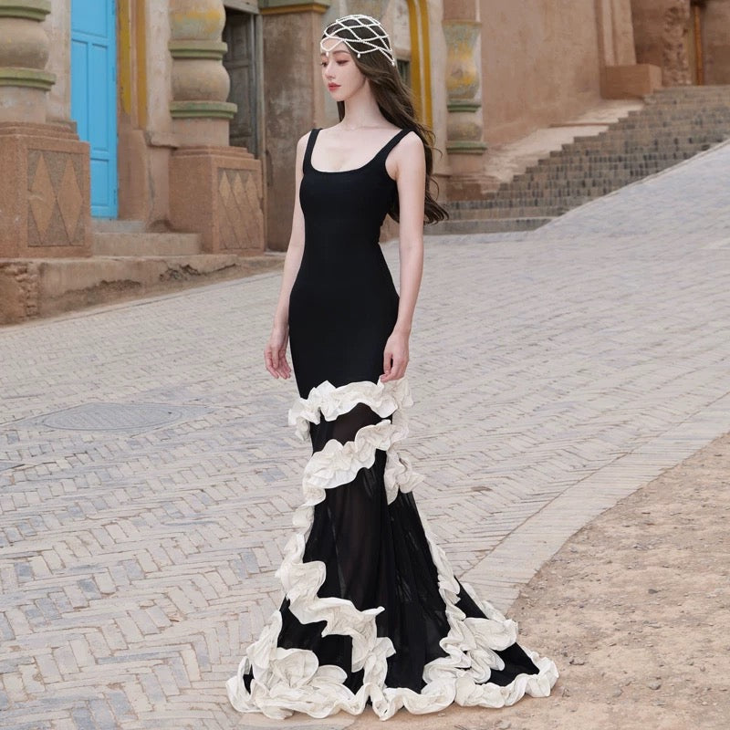 Robe de soirée élégante sirène noire, col carré, pour 21e anniversaire, longueur ras du sol, pour invitée de mariage N4019