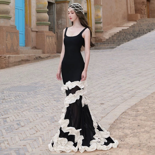 Mermaid Square Neck Black Tie 21st Birthday Elegant Outfit Floor Length Wedding Guest Dresses N4019