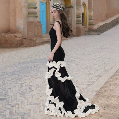 Robe de soirée élégante sirène noire, col carré, pour 21e anniversaire, longueur ras du sol, pour invitée de mariage N4019