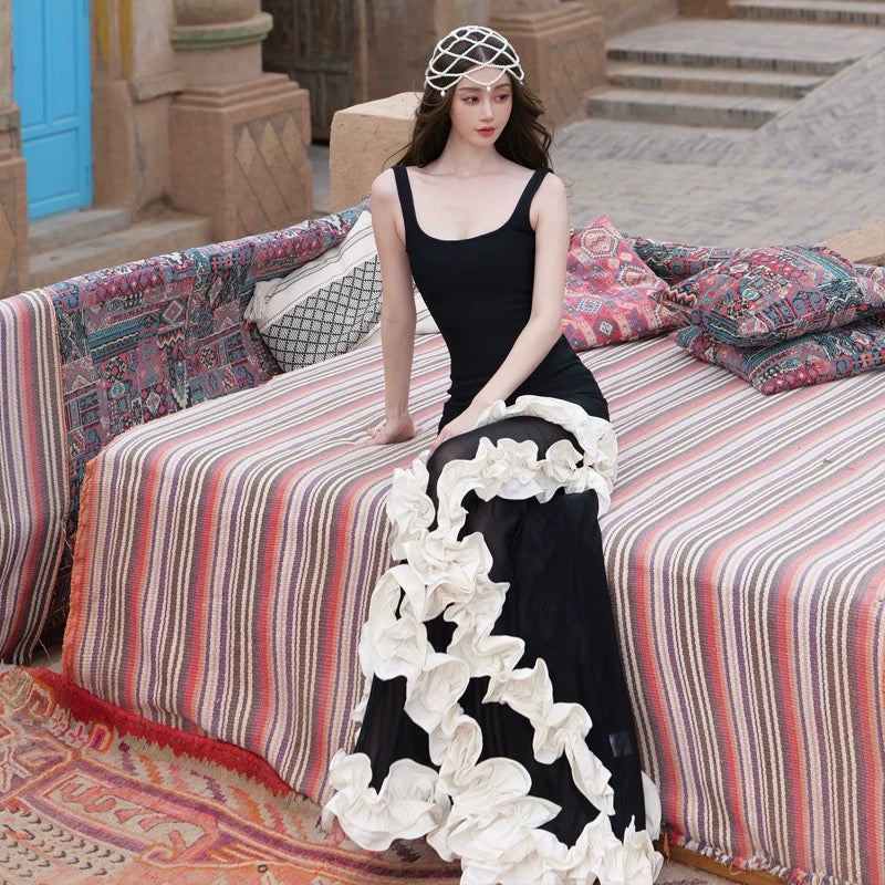 Robe de soirée élégante sirène noire, col carré, pour 21e anniversaire, longueur ras du sol, pour invitée de mariage N4019