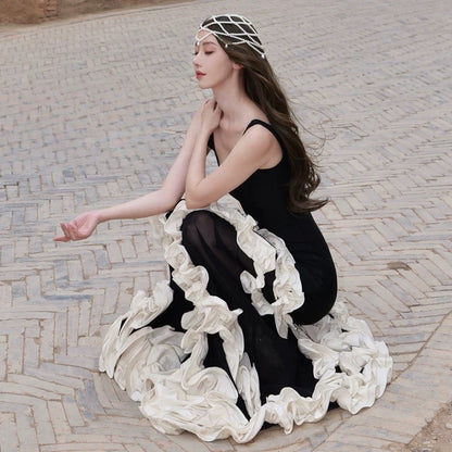 Robe de soirée élégante sirène noire, col carré, pour 21e anniversaire, longueur ras du sol, pour invitée de mariage N4019