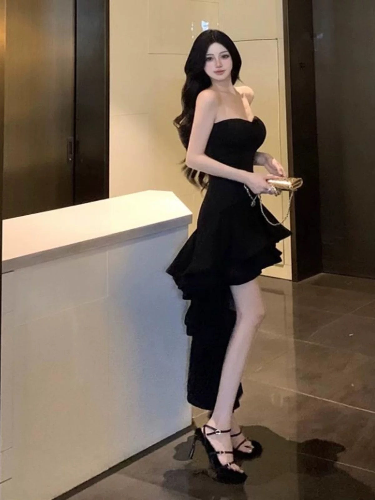 Sexy High Low Sweetheart Schwarz 21. Geburtstag Elegante Outfits Hochzeitsgastkleider N4020