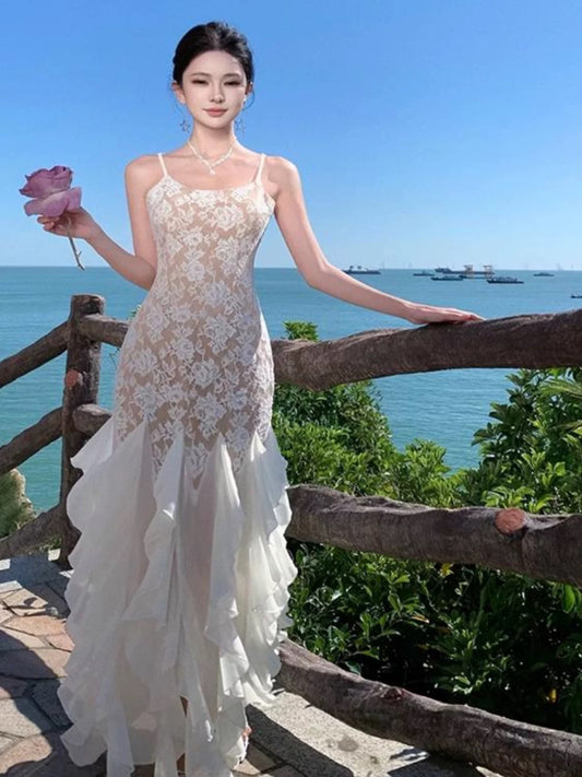 Mermaid Spaghetti Strap White Lace 21st Birthday Elegant Outfit Floor Length Wedding Guest Dresses N4022