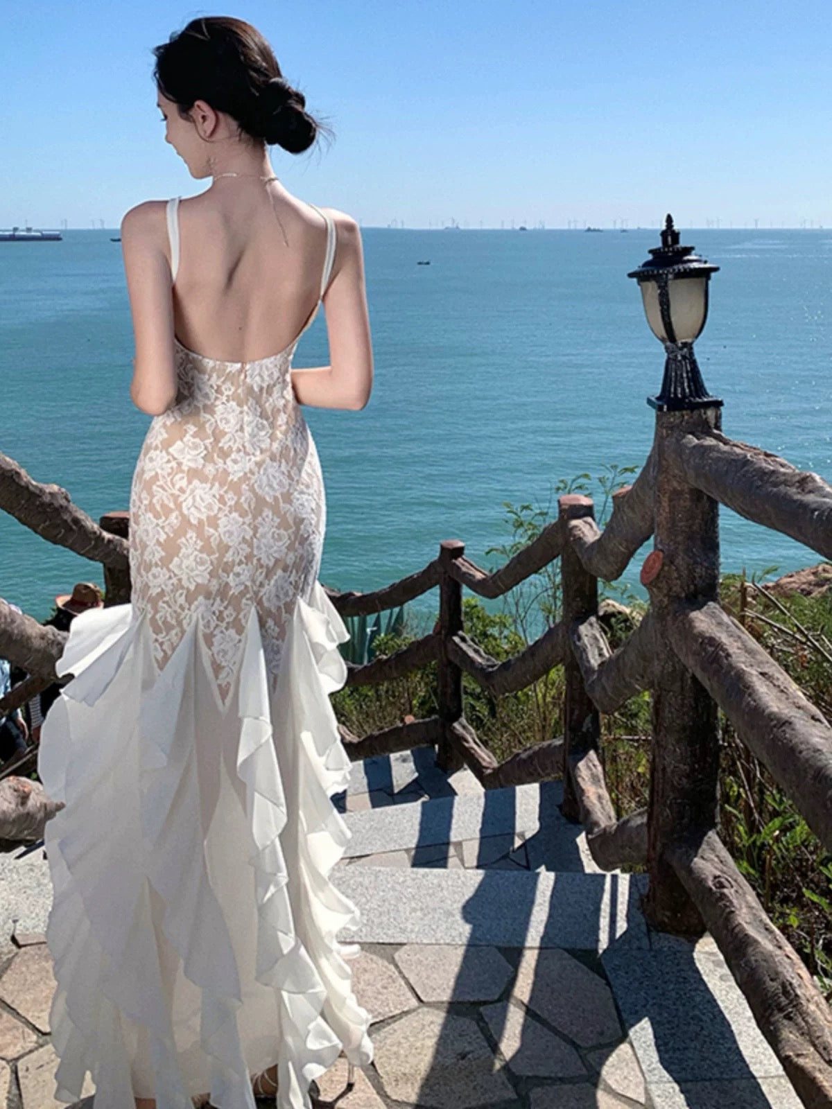 Robe de soirée élégante sirène blanche en dentelle à fines bretelles pour 21ème anniversaire, longueur ras du sol, pour invitée de mariage N4022