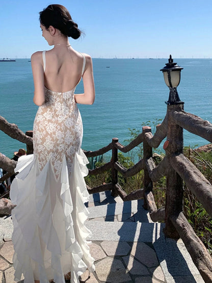 Robe de soirée élégante sirène blanche en dentelle à fines bretelles pour 21ème anniversaire, longueur ras du sol, pour invitée de mariage N4022