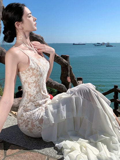 Robe de soirée élégante sirène blanche en dentelle à fines bretelles pour 21ème anniversaire, longueur ras du sol, pour invitée de mariage N4022