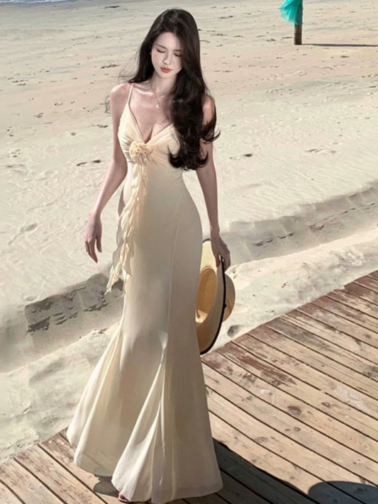 Classy Prom Dresses Mermaid Spaghetti Strap With Flower Chiffon Evening Gown Formal Dress N4023
