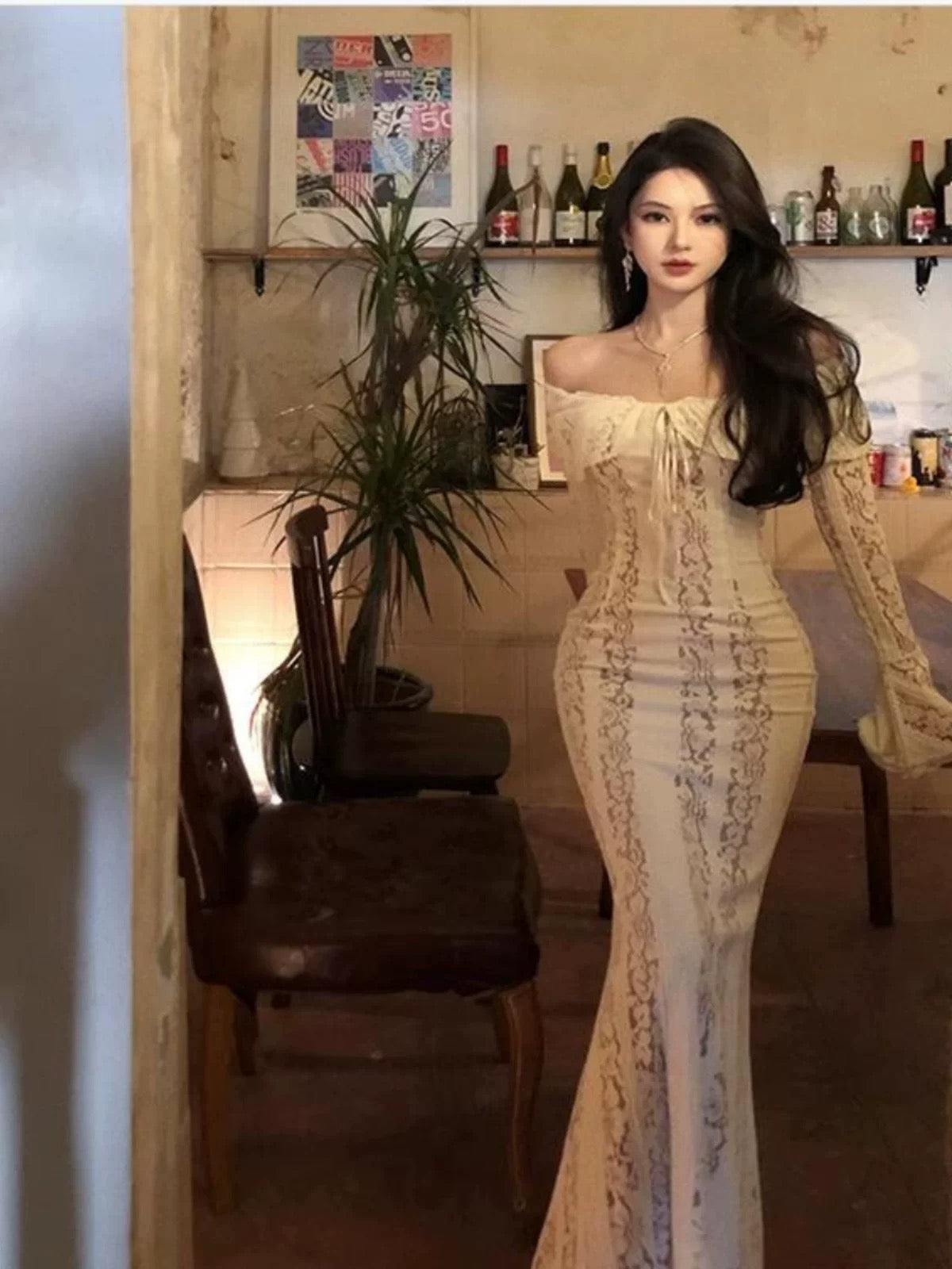 Robe sirène blanche en dentelle, épaules dénudées, pour 21e anniversaire, tenue élégante avec manches longues, robes d'invitée de mariage N4024