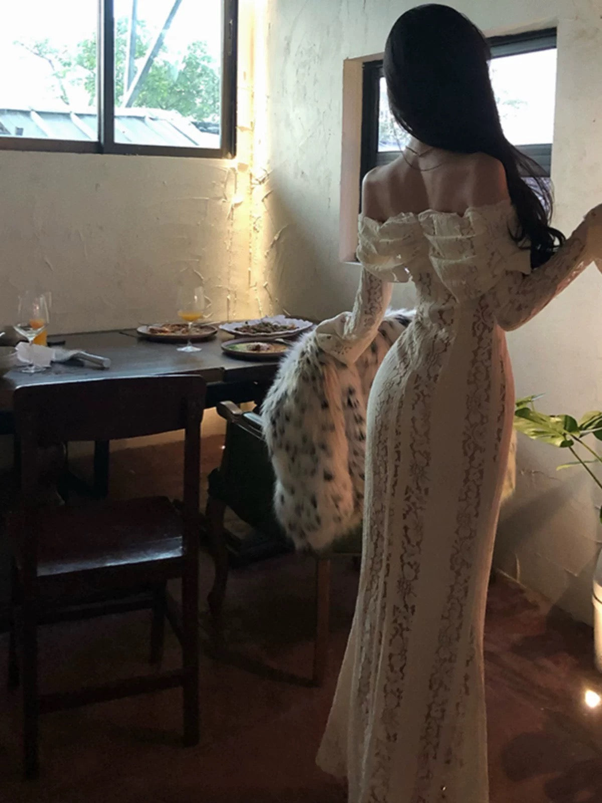 Robe sirène blanche en dentelle, épaules dénudées, pour 21e anniversaire, tenue élégante avec manches longues, robes d'invitée de mariage N4024