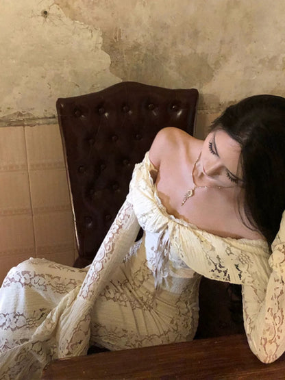 Robe sirène blanche en dentelle, épaules dénudées, pour 21e anniversaire, tenue élégante avec manches longues, robes d'invitée de mariage N4024