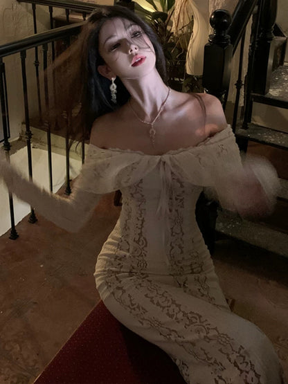 Robe sirène blanche en dentelle, épaules dénudées, pour 21e anniversaire, tenue élégante avec manches longues, robes d'invitée de mariage N4024