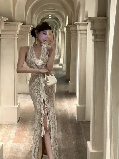 Elegante Abschlussballkleider Meerjungfrau Neckholder Ärmellos Weiß Spitze Abendkleid Ballkleid N4025