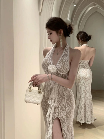 Elegante Abschlussballkleider Meerjungfrau Neckholder Ärmellos Weiß Spitze Abendkleid Ballkleid N4025