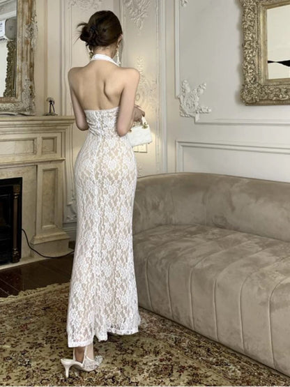 Elegante Abschlussballkleider Meerjungfrau Neckholder Ärmellos Weiß Spitze Abendkleid Ballkleid N4025