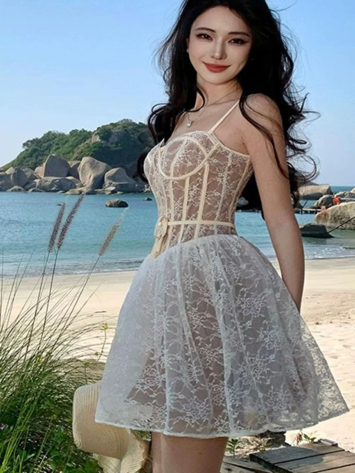 Robe de soirée sexy, bretelles spaghetti, dentelle blanche, courte, mini, cocktail, bal de promo N4026